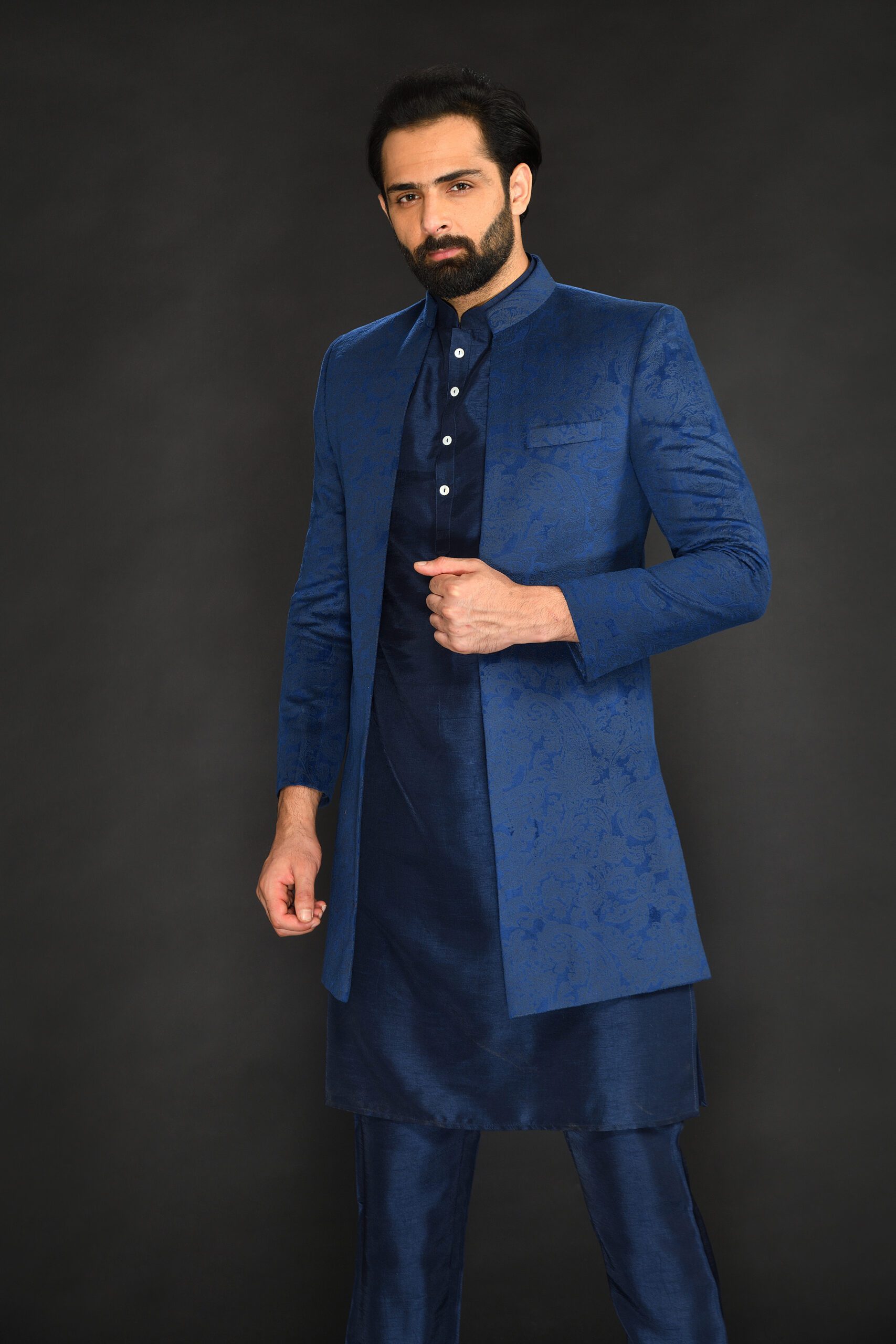 TEAL GREEN GEOMETRIC MACHINE TEXTURED FRONT OPEN INDO PAIRED WITH SILK KURTA AND SLIM PANT