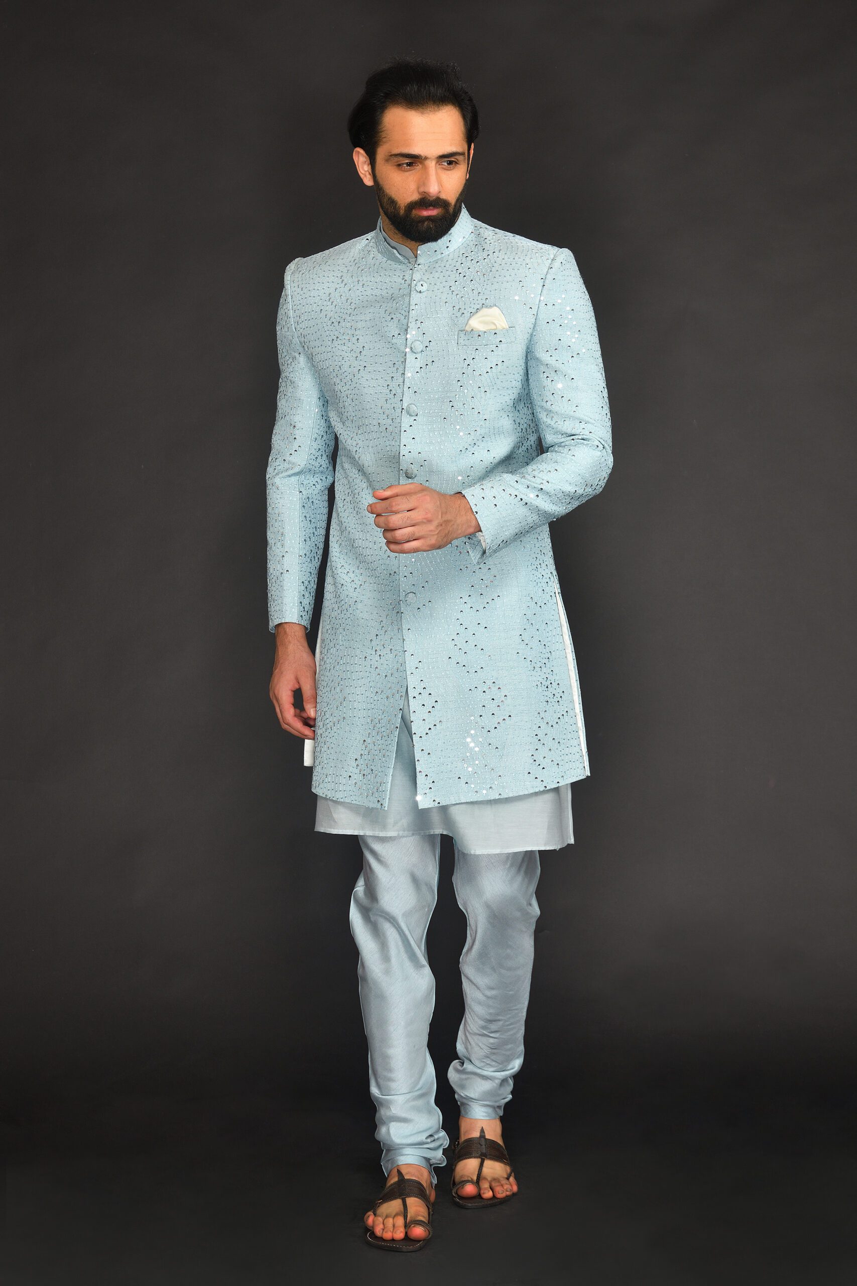 POWDER BLUE MIRRO TEXTURED EMBROIDERY INDO WITH VIS. SILK KURTA PAIRED WITH SLIM PANT