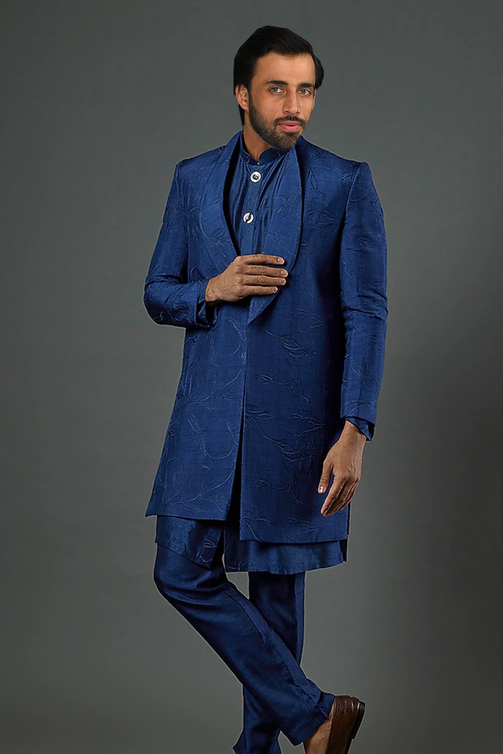 Open Front Indowestern With Plain Kurta and Slim Pants Blue