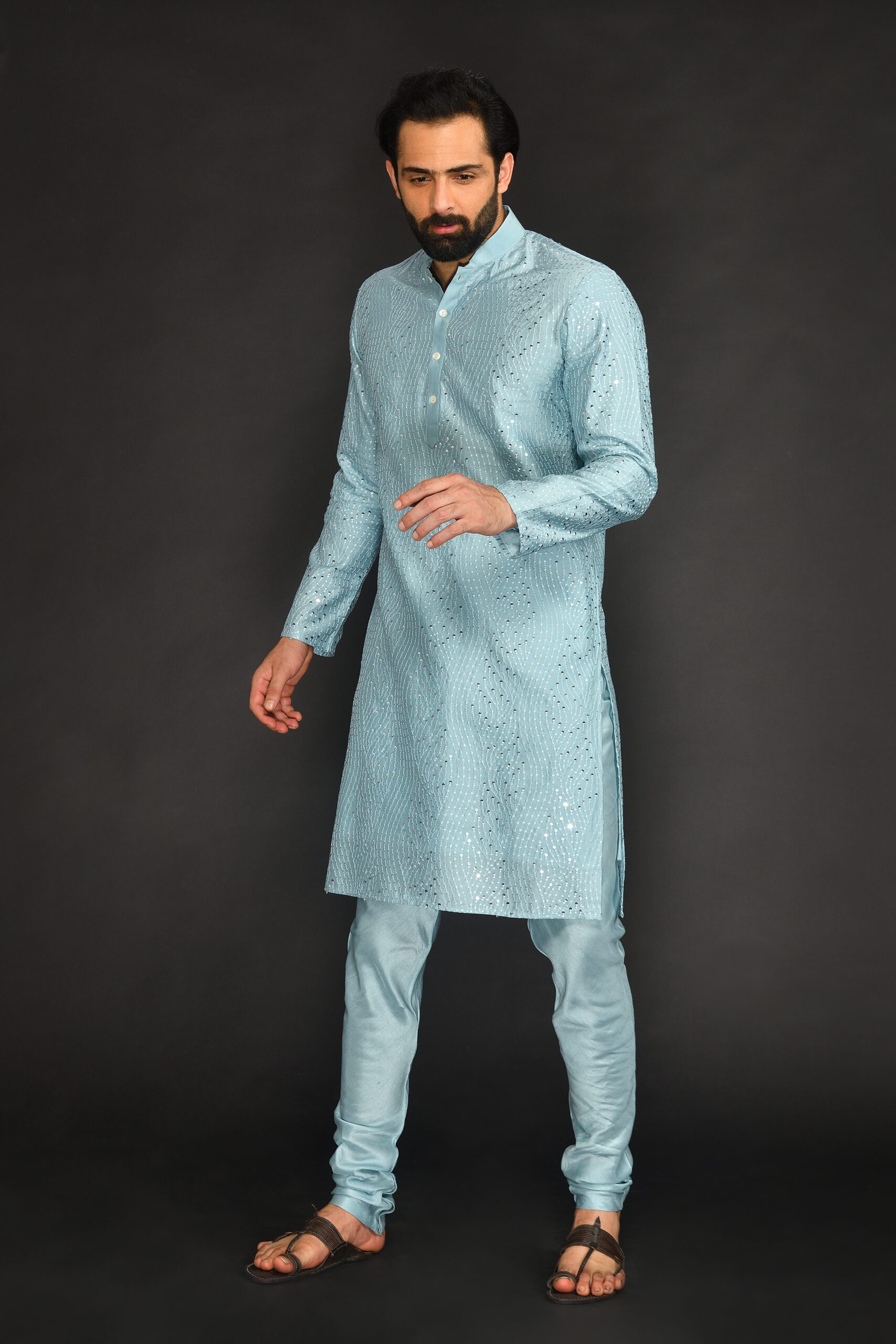 POWDER BLUE MIRRO TEXTURED EMBROIDERY PURE CHANDERI  KURTA PAIRED WITH CHUDIDAR PANT