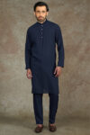 Blue Kurta with Machine Embroidery on Collar and Placket paired with Pant