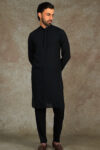 Black Kurta with Machine Embroidery on Collar and Placket paired with Pant