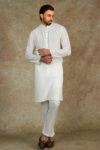 White Kurta with Machine Embroidery on Collar and Placket paired with Pant