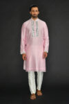 Baby Pink Pure Chanderi Silk Kurta with Applique Thread Embroidery