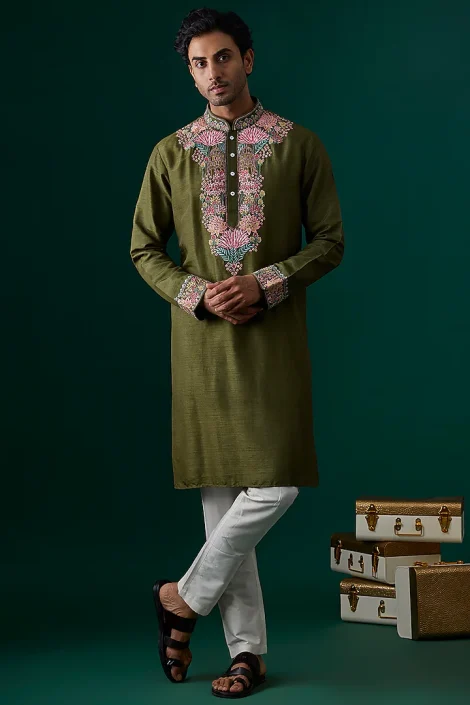 Mehendi Green Silk Embroidered Kurta Set