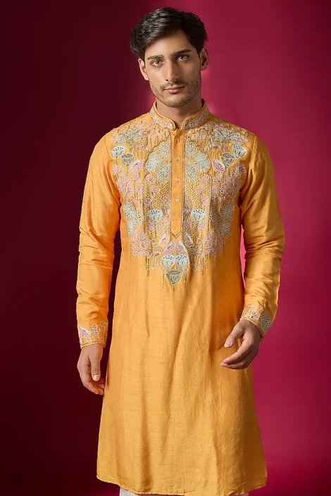 Orange Tussar Hand & Machine Embroidered Kurta Set