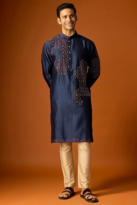 Navy Blue Silk Embroidered Kurta Set