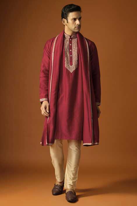 Red Silk Embroidered Kurta Set