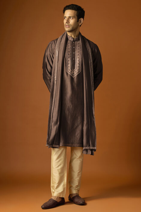 Brown Silk Embroidered Kurta Set