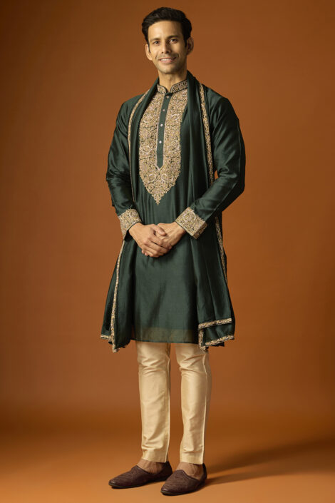 Emerald Green Silk Embroidered Kurta Set