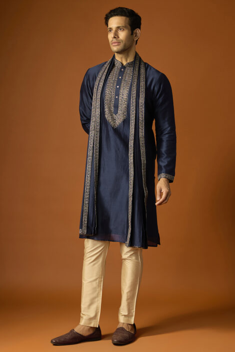 Navy Blue Silk Embroidered Kurta Set