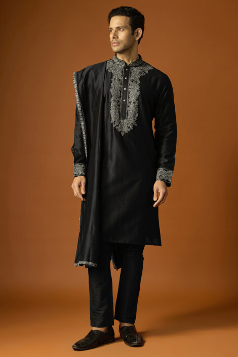 Black Silk Embroidered Kurta Set