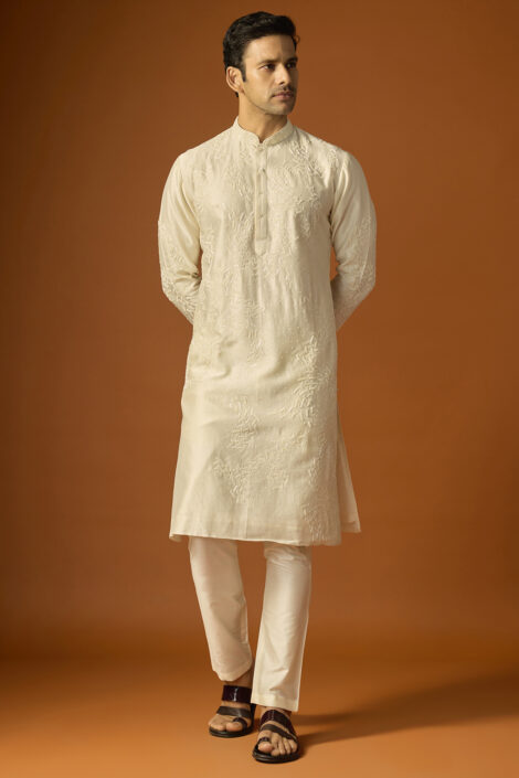 Off-White Silk Embroidered Kurta Set