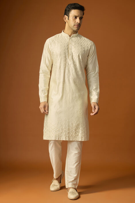 Off-White Silk Embroidered Kurta Set