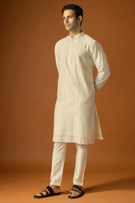 Off-White Silk Embroidered Kurta Set
