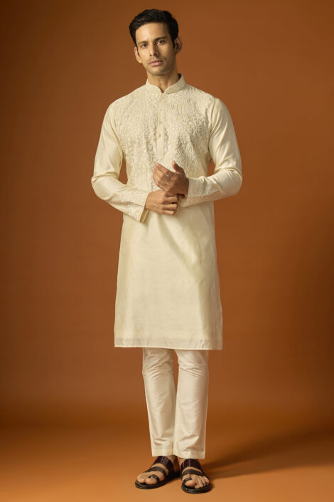 Off-White Silk Embroidered Kurta Set