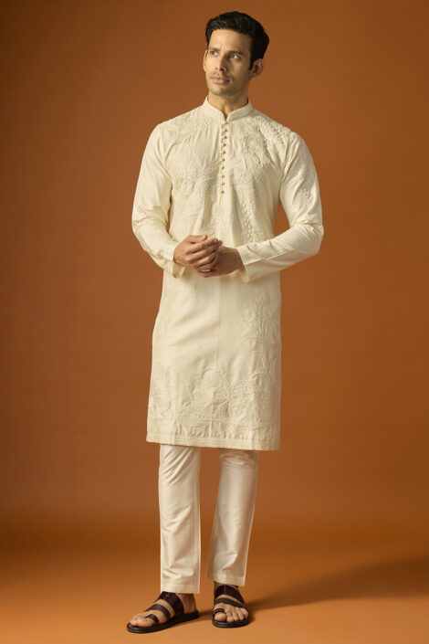 Off-White Silk Embroidered Kurta Set