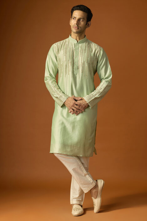 Sea Green Silk Embroidered Kurta Set