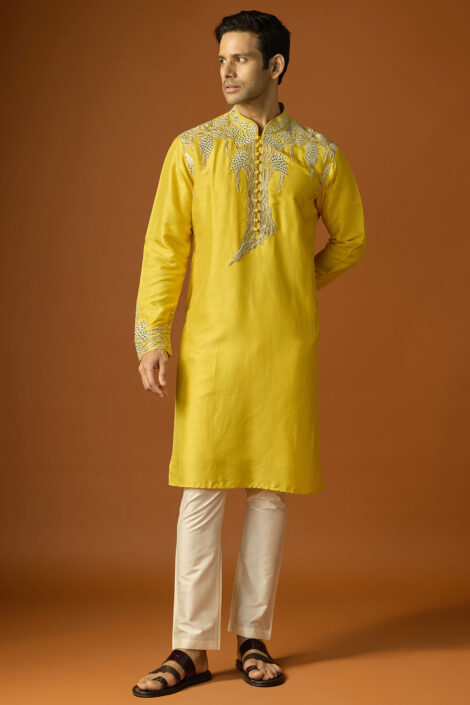 Yellow Silk Embroidered Kurta Set