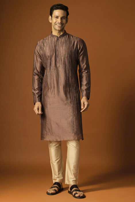 Brown Silk Embroidered Kurta Set
