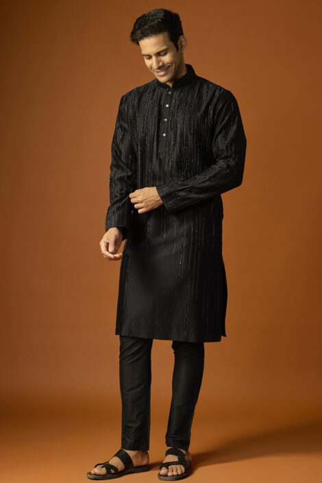 Black Silk Embroidered Kurta Set