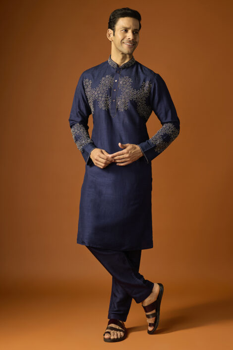 Navy Blue Silk Embroidered Kurta Set
