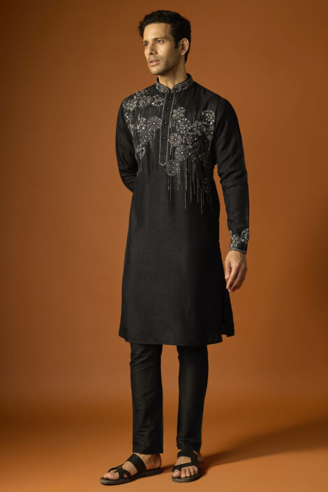 Black Silk Embroidered Kurta Set