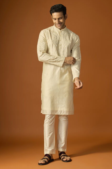 Off-White Silk Embroidered Kurta Set
