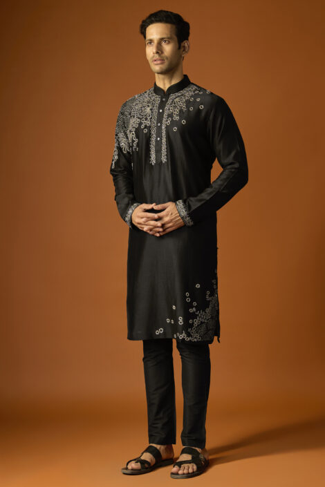 Black Silk Embroidered Kurta Set