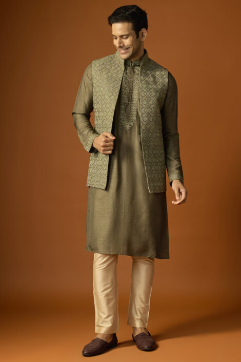 Olive Green Silk Embroidered Bundi Set