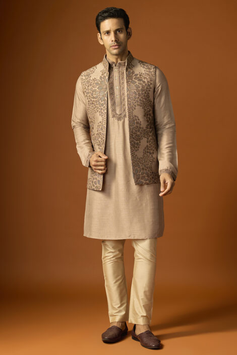 Coffee Brown Silk Embroidered Bundi Set