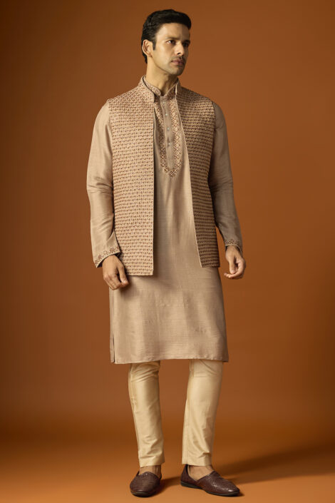Coffee Brown Silk Embroidered Bundi Set