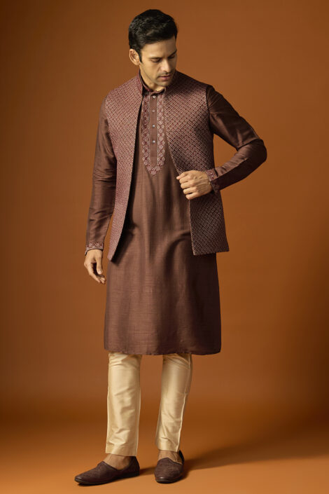 Brown Silk Embroidered Bundi Set