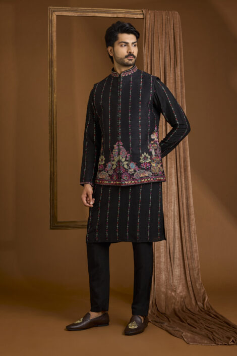 Jet Black Silk Nehru Jacket Set