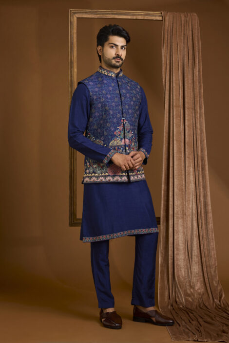 Navy Silk Nehru Jacket Set