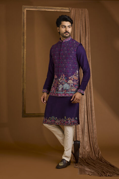 Purple Silk Nehru Jacket Set