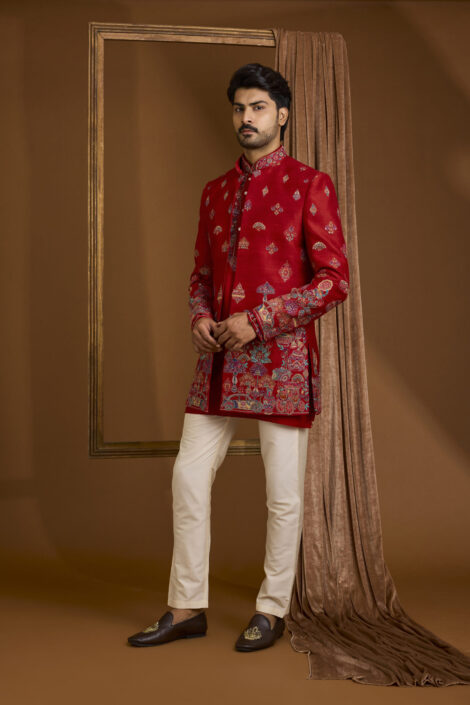 Red Silk Indowestern Set