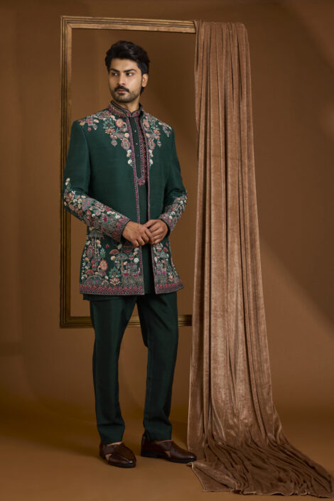 Emerald Green Silk Indowestern Set