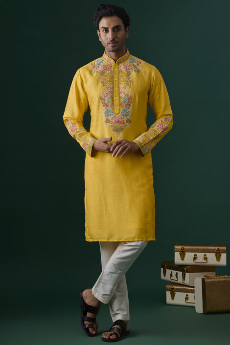 Yellow Silk Embroidered Kurta Set
