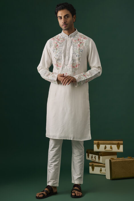 Off-White Silk Embroidered Kurta Set