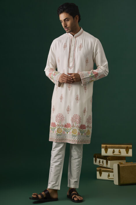 Off-White Silk Embroidered Kurta Set