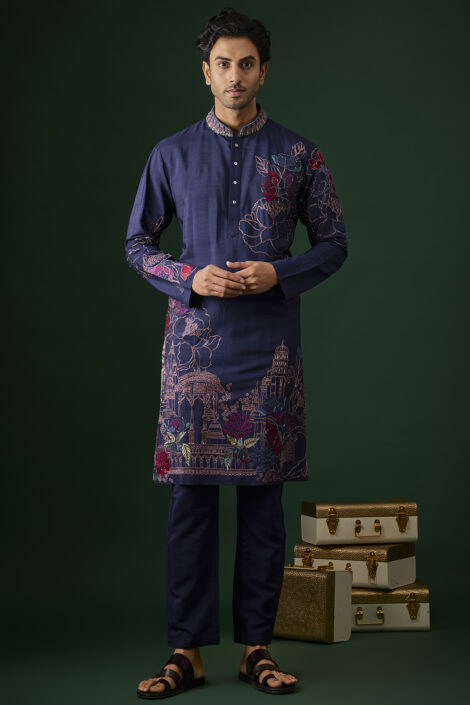 Navy Blue Silk Embroidered Kurta Set