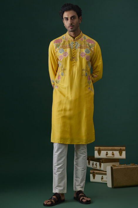 Yellow Silk Embroidered Kurta Set