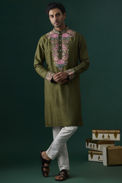 Mehendi Green Silk Embroidered Kurta Set