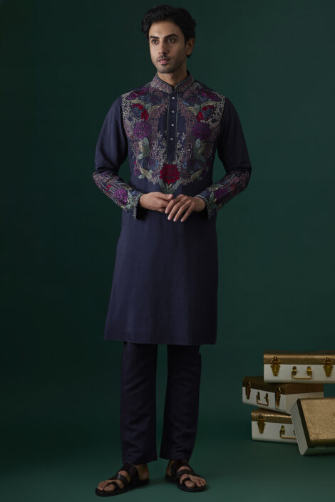 Navy Blue Silk Embroidered Kurta Set