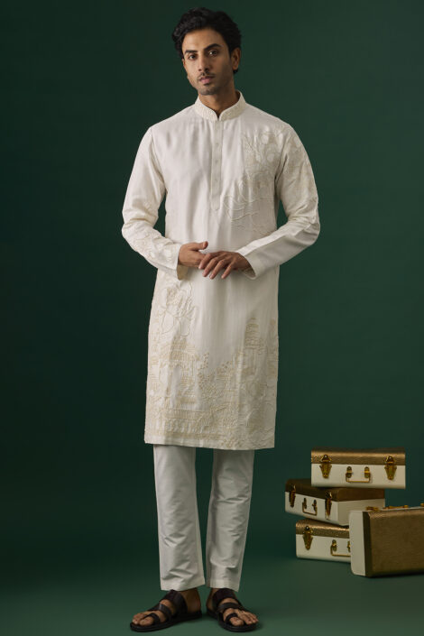 Off-White Silk Embroidered Kurta Set