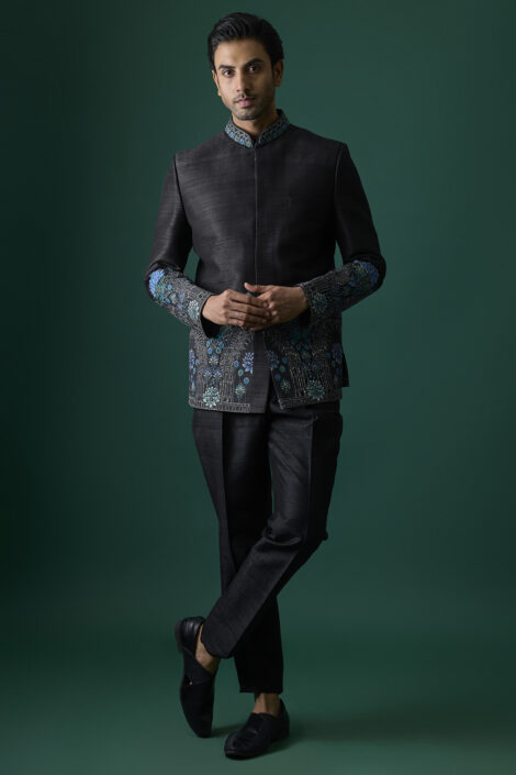 Black Silk Bandhgala Set