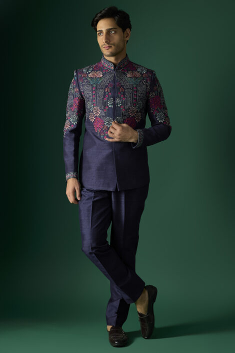Navy Blue Silk Bandhgala Set