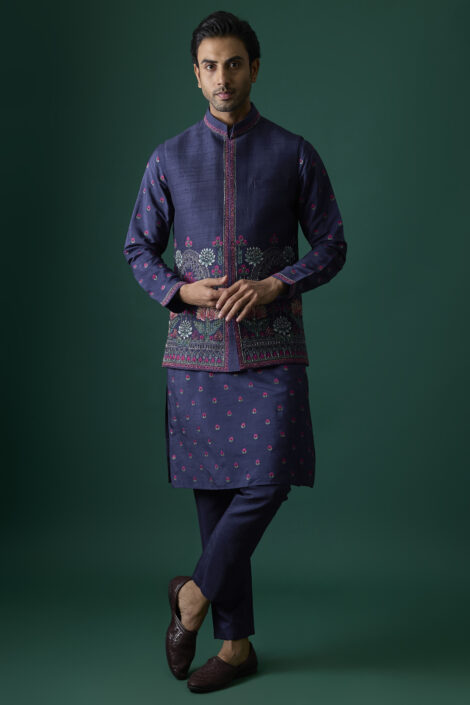 Navy Blue Silk Bundi Jacket Set