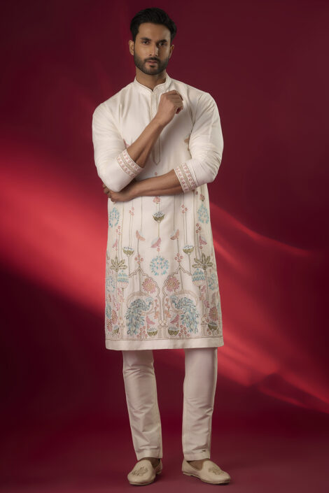 Off-White Tussar Hand & Machine Embroidered Kurta Set